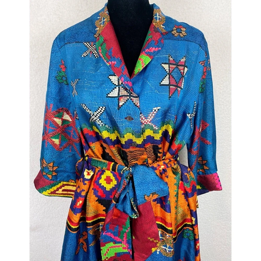 PIERRE-LOUIS MASCIA • Blue/Multi Ethnic 100% Silk Mini Dress, M - Picture 2 of 16